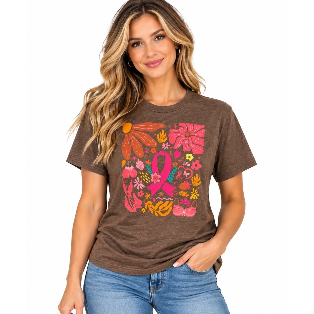Love in Faith Breast Cancer Awareness Pink Ribbon Floral Graphic Tee Brown M